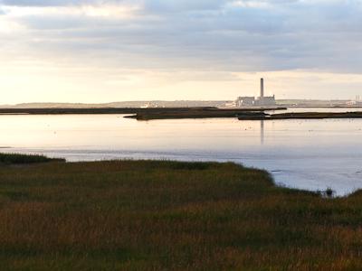 A wide estuarine landscape showing tidal flats and saltmarsh areas with patches of golden-brown vegetation in the foreground, expanses of water, and what appears to be an industrial facility with a tall chimney or tower visible in the distance across the water under a cloudy sky.