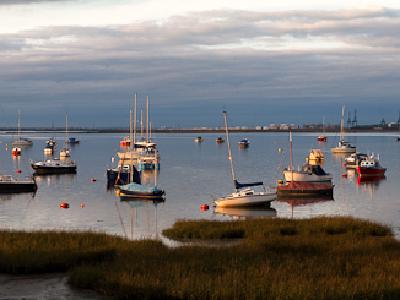A harbor scene at dusk with numerous small boats and yachts moored in calm water, featuring a cloudy sky with warm evening light and grassy salt marshes in the foreground.