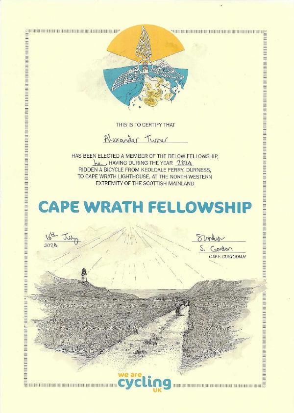 A certificate for the Cape Wrath Fellowship featuring an illustrated map and drawing of a lighthouse, awarded to Alexander Turner in 2024 for cycling from Keoldale Ferry to Cape Wrath in Scotland, signed and dated by the custodian.