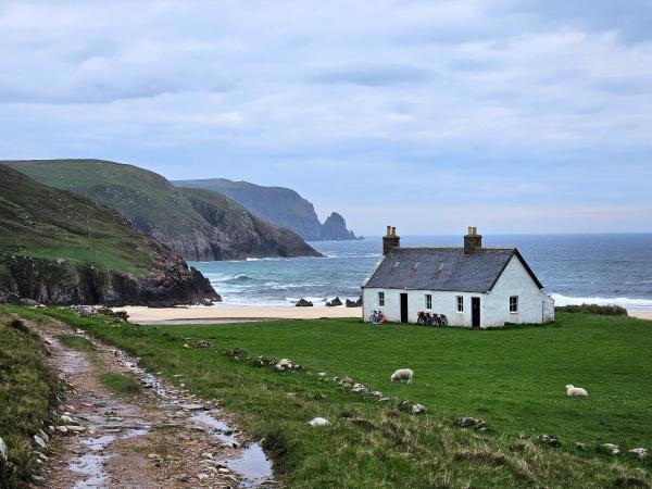 White cottage with several bicycles parked outside sits on green grass above a beach with waves breaking on a sandy shore. Rugged cliffs rise in the distance and a muddy track leads toward the sea. Sheep graze on the grass.