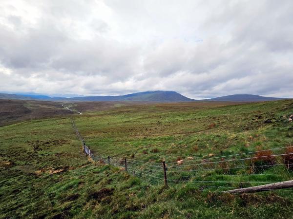  A panoramic view across wide, open moorland with gently sloping green hills. A wire fence runs diagonally into the distance, and a mountain peak is visible under dramatic cloud cover.