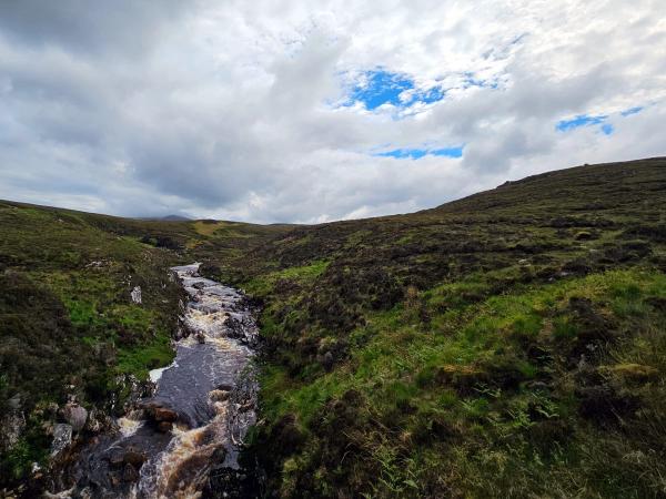 A small stream flows through a hilly, grassy landscape under a partly cloudy sky, with lush green vegetation and rocks along the banks.