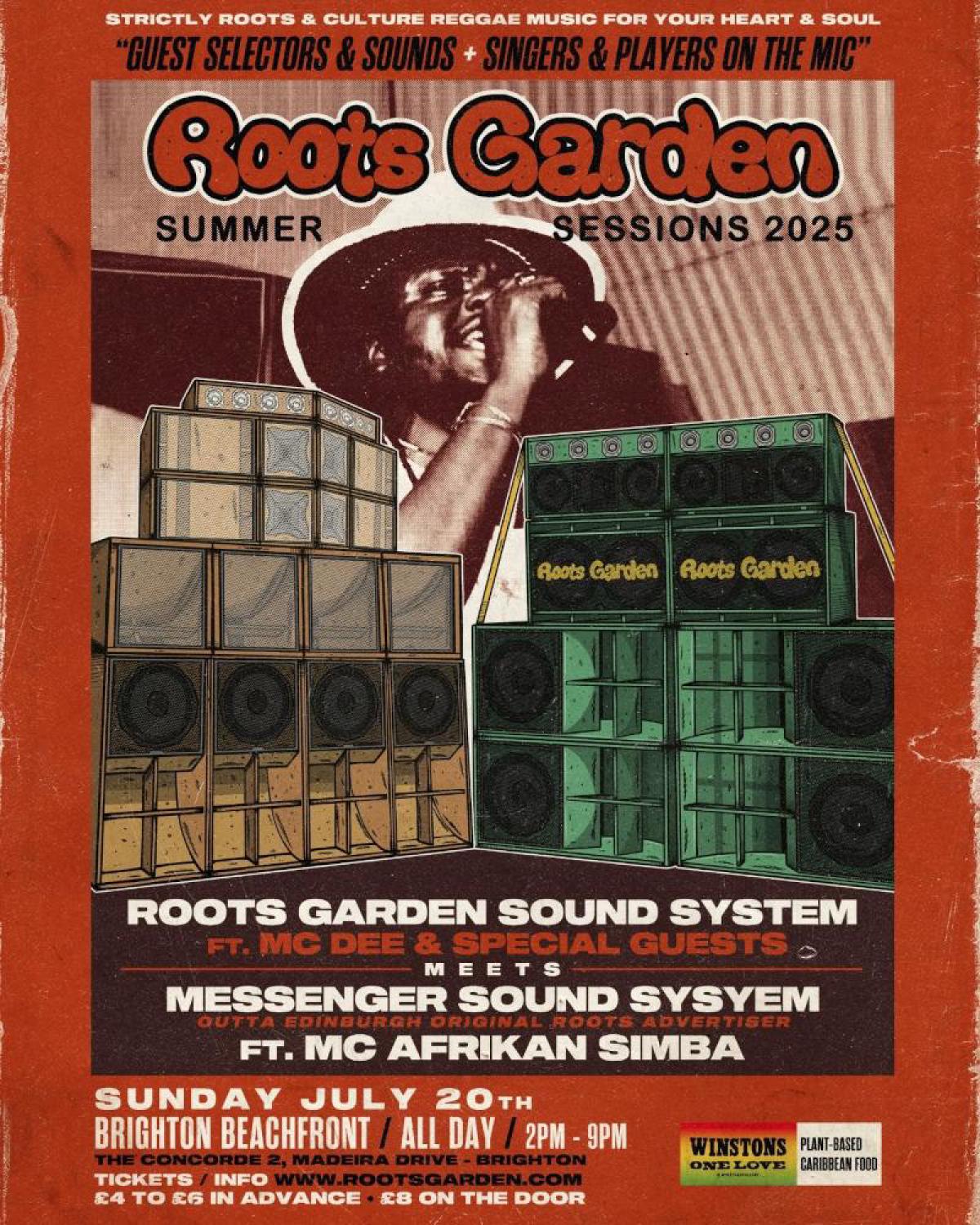 A vintage-style event poster for Roots Garden Summer Sessions 2025 featuring illustrated images of stacked reggae sound system speakers and a singer at a microphone. The flyer advertises a reggae event on Sunday, July 20th, at the Brighton Beachfront, highlighting performances from Roots Garden Sound System featuring MC Dee & special guests and Messenger Sound System featuring MC Afrikan Simba. The event details include timings, location at The Concorde 2 venue, ticket prices, and mention of plant-based Caribbean food.