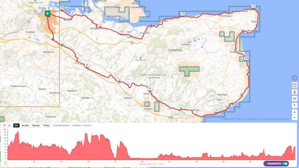 Map showing a 213.3 kilometre cycling route through Kent, England, traced in red. The route starts near Gillingham/Strood and travels south through Maidstone, Ashford, and along the Kent coast via Dover, Hawkinge, Deal, Sandwich, Ramsgate, Margate, Herne Bay, Whitstable, before returning north through Faversham and Sittingbourne. Key locations marked include the Kent Downs National Landscape area. Distance markers are shown at intervals (25km, 50km, 75km, 100km, 125km, 150km, 175km, 200km). Below the map is an elevation profile graph in red showing terrain changes across the distance, indicating +1,922 metres of climbing and -1,912 metres of descending. Interface buttons for Ele (Elevation), Grade, Speed, and Temp are visible, along with a ‘SQUADRATS’ toggle at the bottom right.