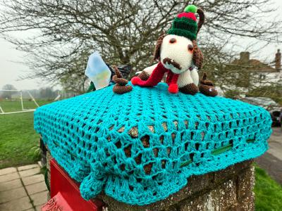 Knitted dog with hat and scarf on a turquoise crochet cover over a post box, with small knitted poops and a park in the background.