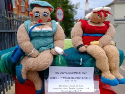 Two large knitted dolls dressed in swimsuits sitting on a red post box, one in turquoise and one in red, holding picnic items. A sign beneath them reads The Cosy Ladies Picnic Time, Knitted by members and friends of Eastry WI. The dolls are plump and cheerful, with detailed clothing and accessories, and are set against a street and building background.
