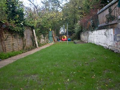  Partially established lawn with green grass patches and some bare soil areas visible, concrete path on left