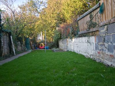 Established lawn with thick green grass, concrete path along left side, children's playground equipment in background