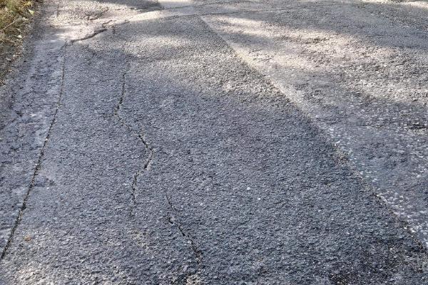 Length of severely degraded rural lane showing extensive longitudinal and transverse cracking across the entire carriageway width.