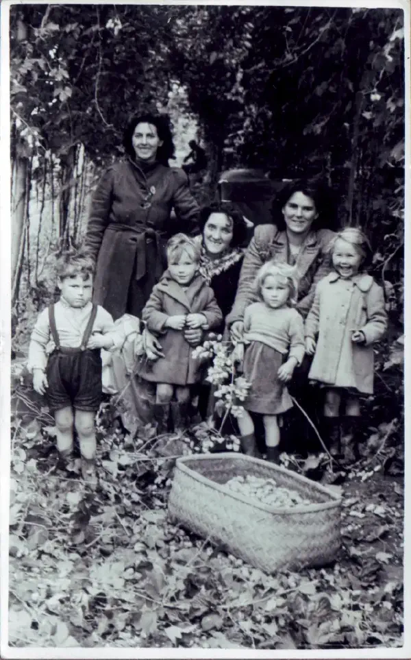 A vintage black and white photograph showing a family group of women and children during hop picking season, likely from the mid-20th century. Several adults and children are gathered around a large wicker hop-picking basket, surrounded by hop vines and foliage in what appears to be a traditional hop garden.