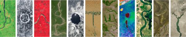 Collage of eleven Landsat satellite images arranged in a strip, each showing a different landscape that forms a letter in the word ‘Bongo Twisty’.