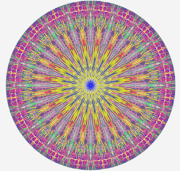 A vivid mandala with yellow radial lines bursting from a blue core, concentric rings of pink and green spirals, and a magenta floral outer border on dark purple