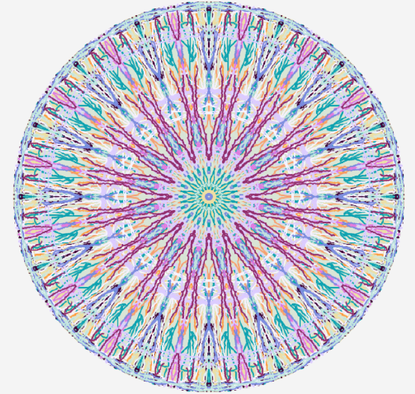 A pastel mandala with lavender, pink, mint and sky-blue calligraphic strokes radiating from a cyan-green centre, framed by a scalloped floral border