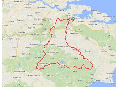 Pruned Hop Garden 200k March 2026 DIY Long cycling route map looping across west Kent with 205 km distance, elevation profile and stats at the bottom.