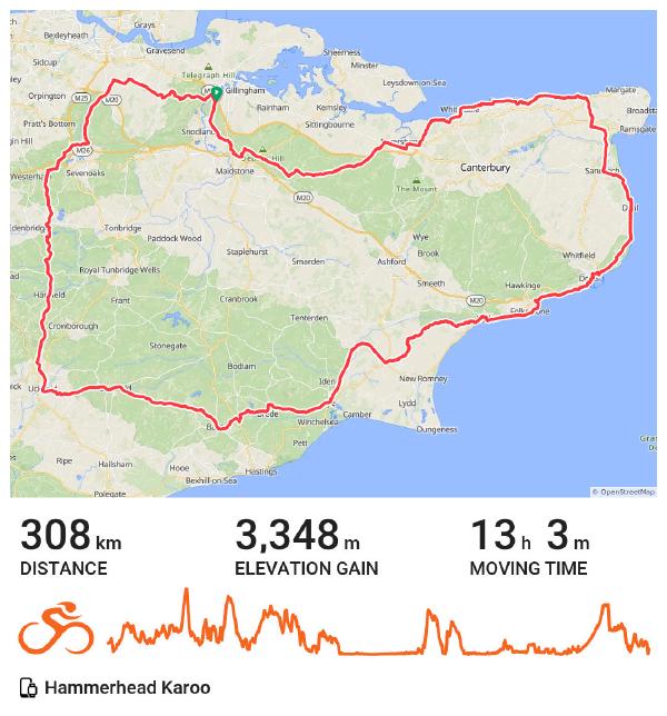 Map of a 308 km audax loop around Kent with a red GPS track, showing 3,348 metres of climbing and 13 hours of moving time recorded on a Hammerhead Karoo.