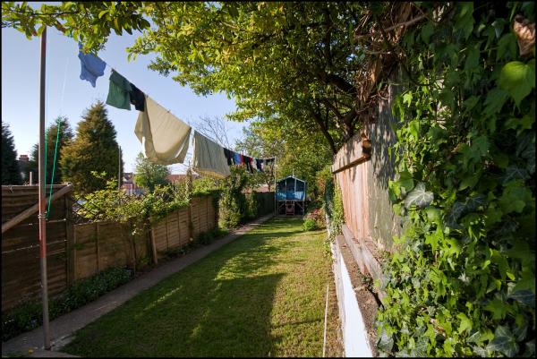 A typical British back garden scene featuring a washing line strung between posts with various items of laundry hanging to dry. The garden has a neat lawn path, wooden fencing, established trees and shrubs, and what appears to be a small shed or garden building in the background.