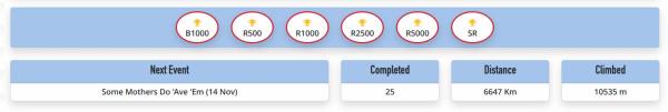 Screenshot of a cycling statistics dashboard showing Audax award badges from 100 km to Super Randonneur, with totals of 6,647 km ridden, 10,535 m climbed, and the next event &lsquo;Some Mothers Do Ave &lsquo;Em&rsquo; on 14 November.